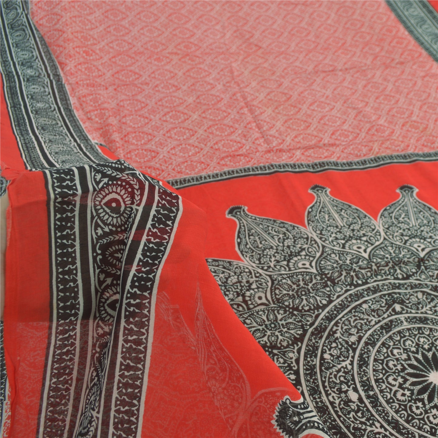 Sanskriti Vintage Sarees Red/Gray 100% Pure Cotton Printed Sari 5yd Craft Fabric