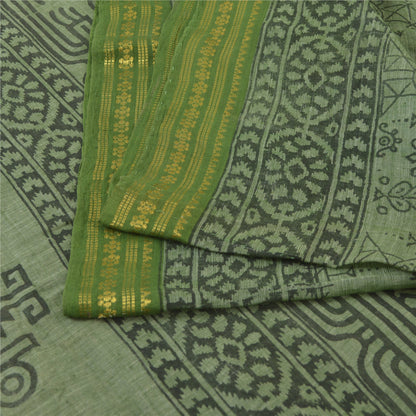 Sanskriti Vintage Sarees Green Hand Block Print Zari WorkPure Cotton Sari Fabric