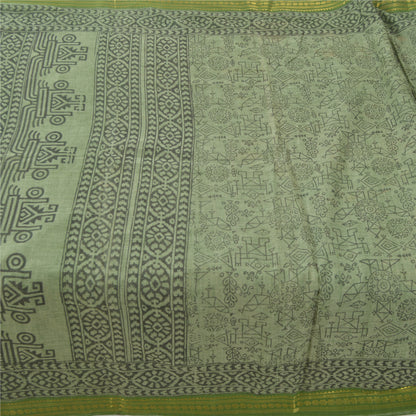 Sanskriti Vintage Sarees Green Hand Block Print Zari WorkPure Cotton Sari Fabric