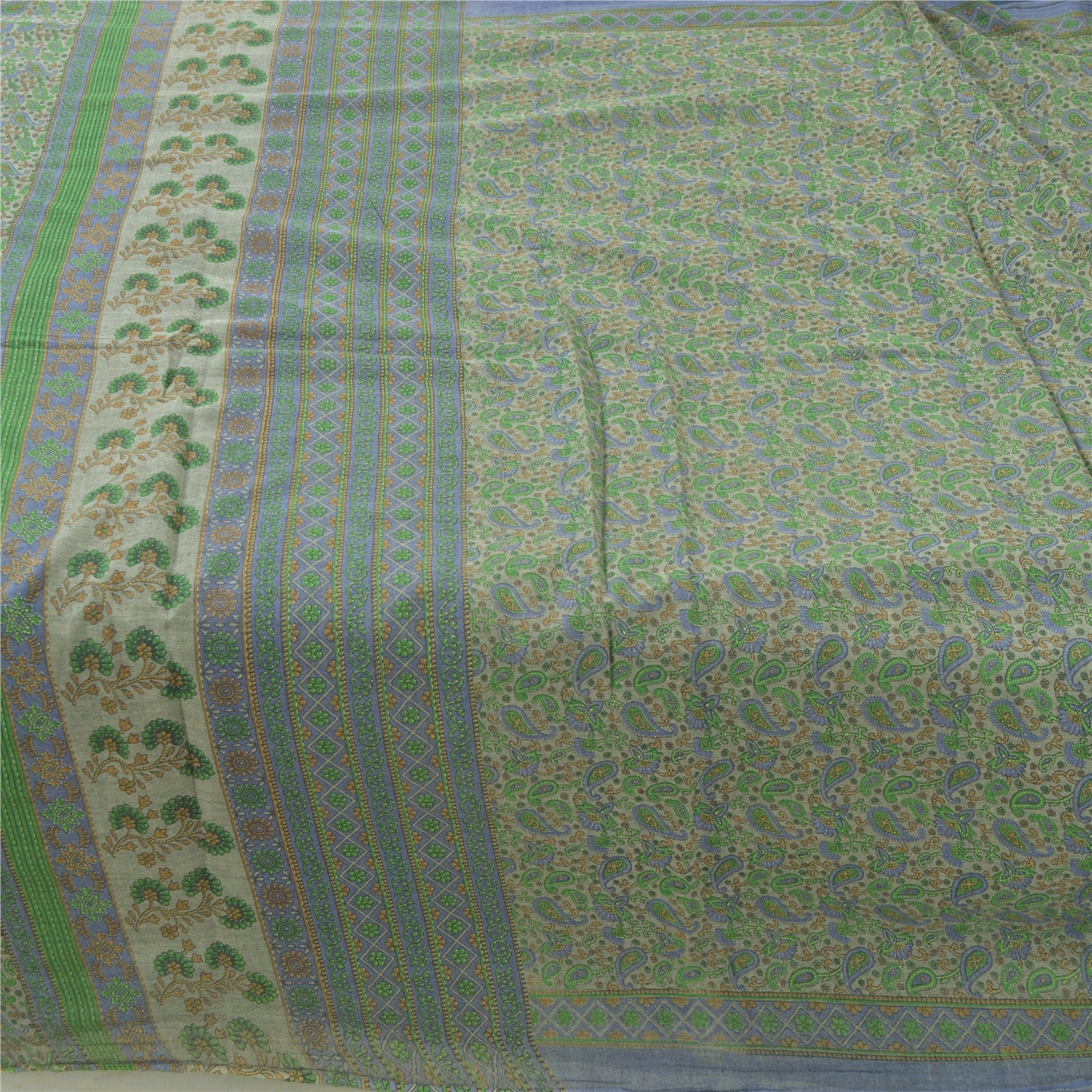 Sanskriti Vintage Sarees Indian Green Pure Cotton Printed Sari 5yd Craft Fabric