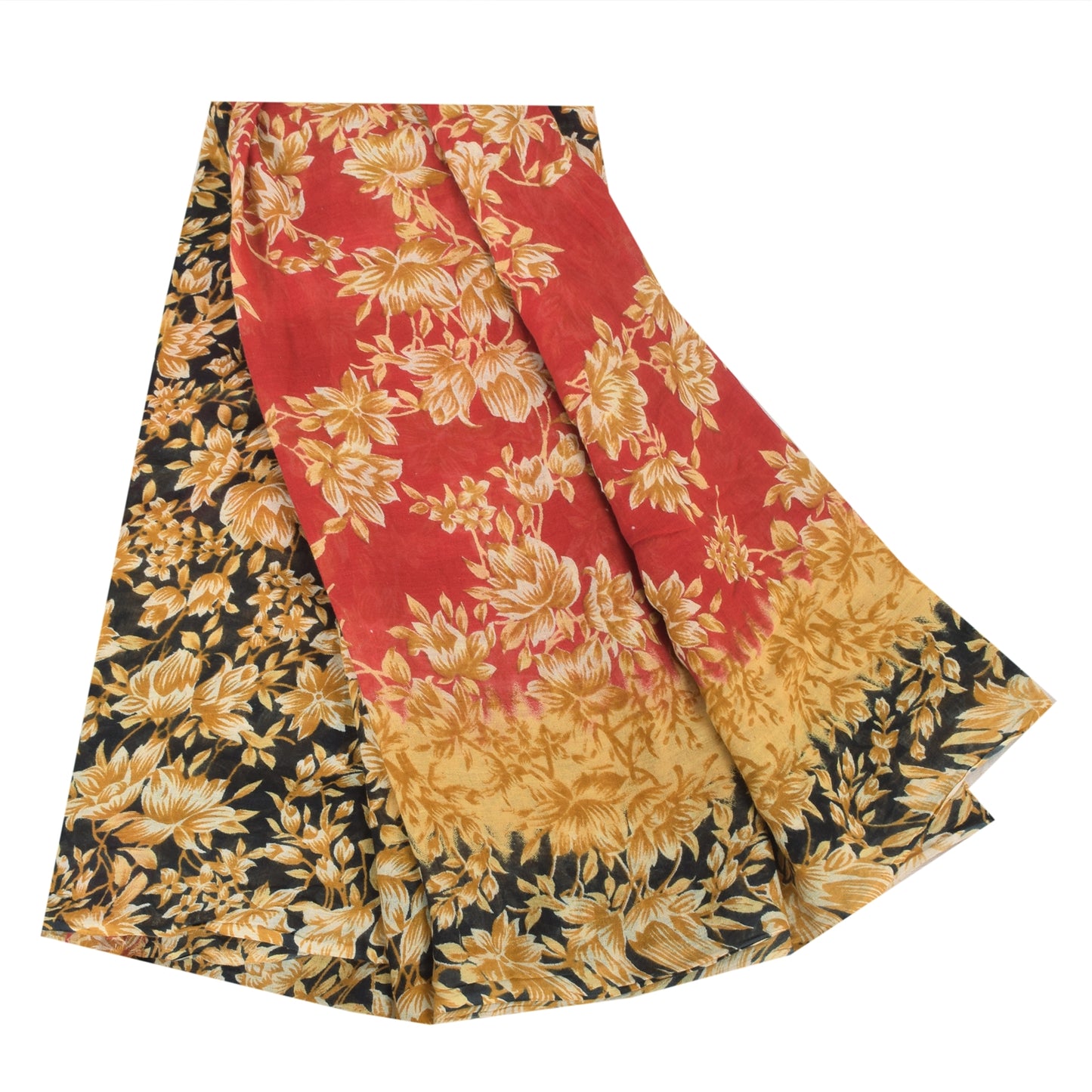 Sanskriti Vintage Sarees Red/Black Pure Cotton Printed Sari Floral Craft Fabric