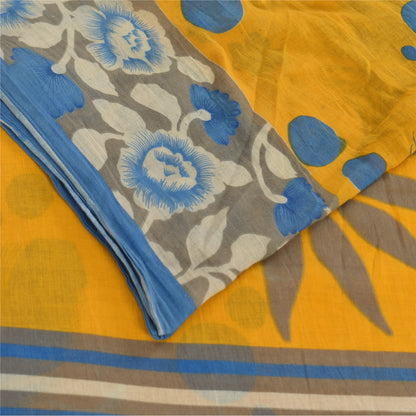 Sanskriti Vintage Sarees Yellow/Blue Pure Cotton Printed Sari 5yd Craft Fabric