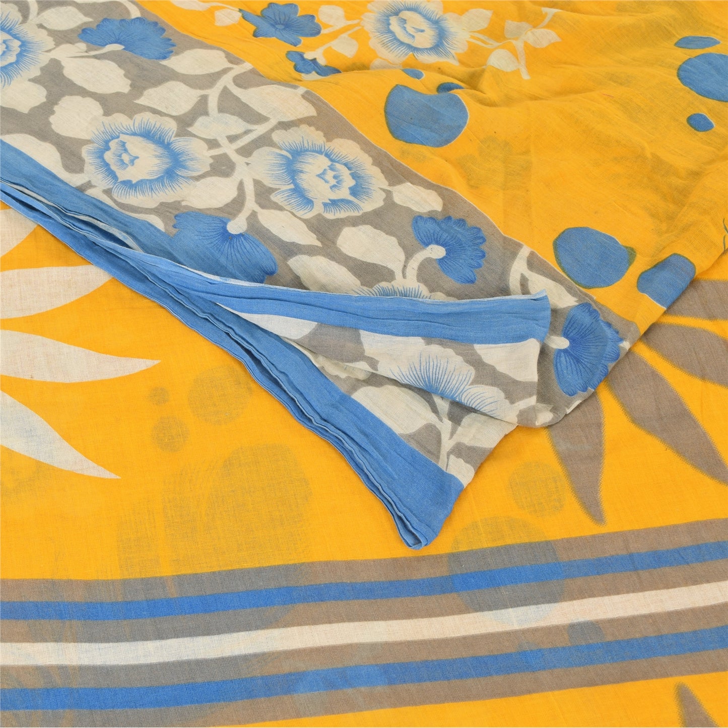 Sanskriti Vintage Sarees Yellow/Blue Pure Cotton Printed Sari 5yd Craft Fabric