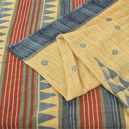 Sanskriti Vintage Sarees Pale Yellow Pure Cotton Printed Sari 5yd Craft Fabric