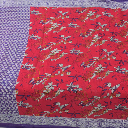 Sanskriti Vintage Sarees Red/Purple Pure Cotton Printed Sari 5yd Craft Fabric