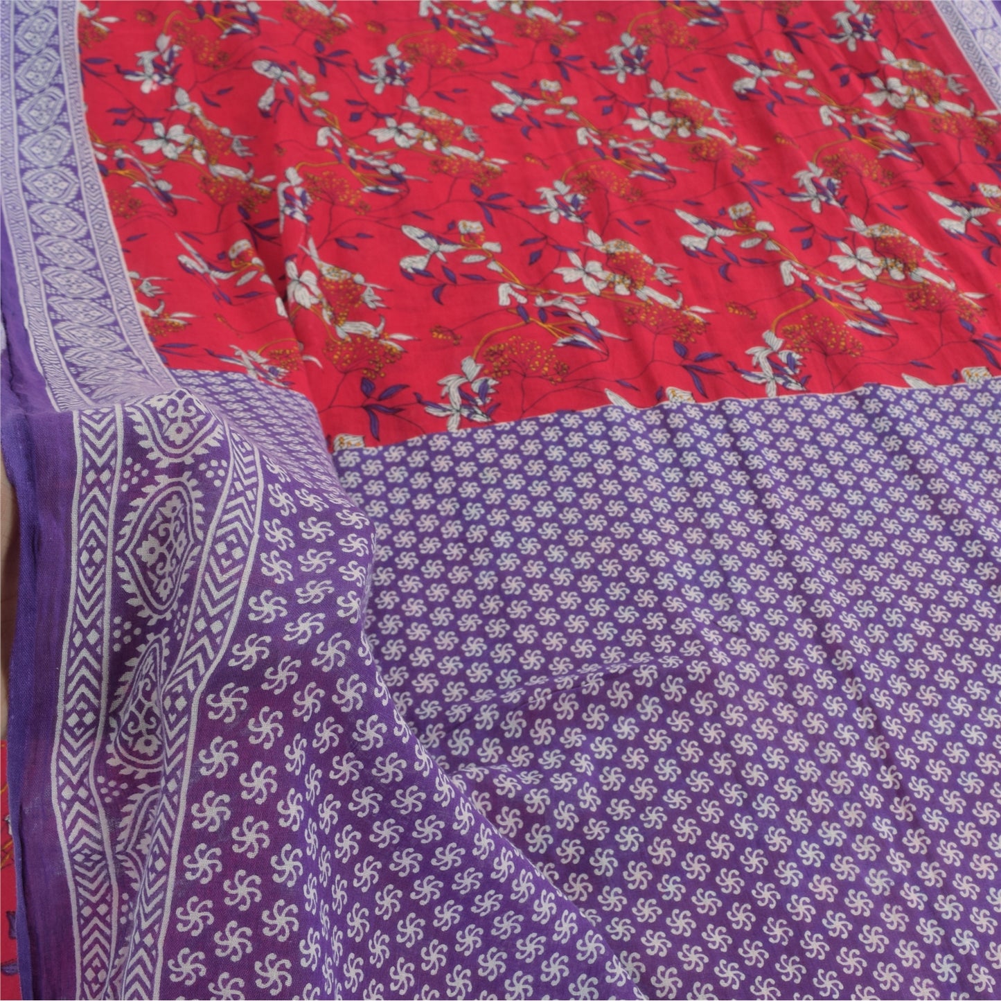 Sanskriti Vintage Sarees Red/Purple Pure Cotton Printed Sari 5yd Craft Fabric