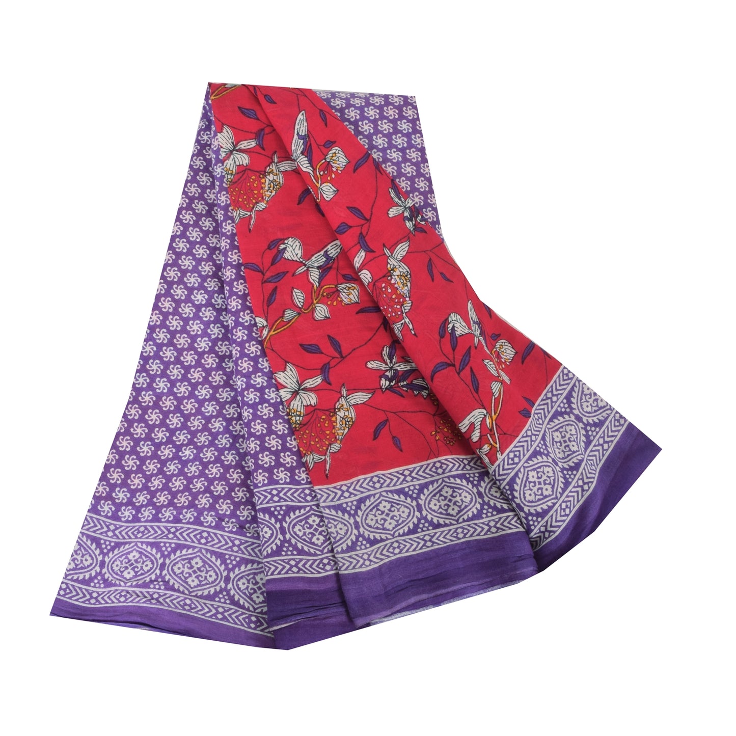 Sanskriti Vintage Sarees Red/Purple Pure Cotton Printed Sari 5yd Craft Fabric