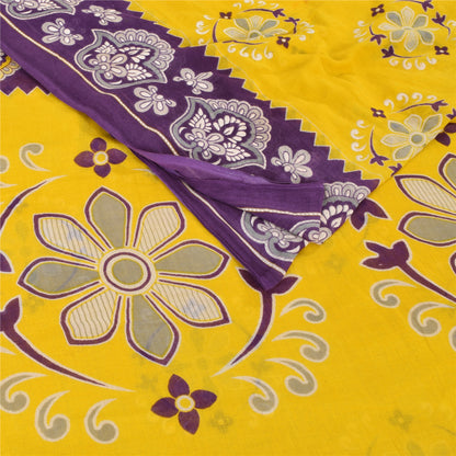 Sanskriti Vintage Sarees Yellow/Purple Pure Cotton Printed Sari 5yd Craft Fabric