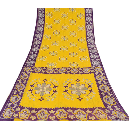 Sanskriti Vintage Sarees Yellow/Purple Pure Cotton Printed Sari 5yd Craft Fabric