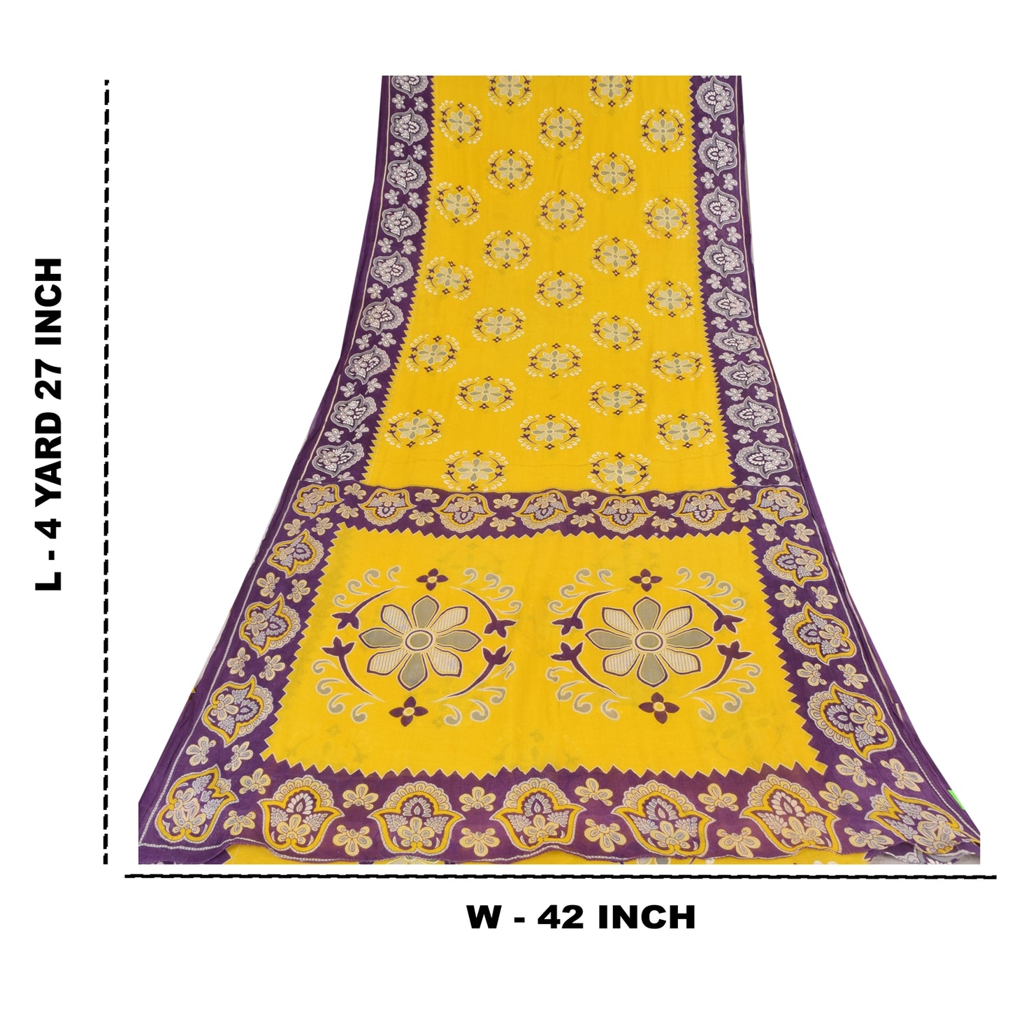 Sanskriti Vintage Sarees Yellow/Purple Pure Cotton Printed Sari 5yd Craft Fabric