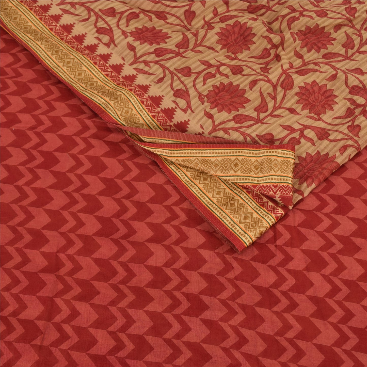 Sanskriti Vintage Sarees Red/Cream Pure Cotton Printed Sari 5yd Craft Fabric