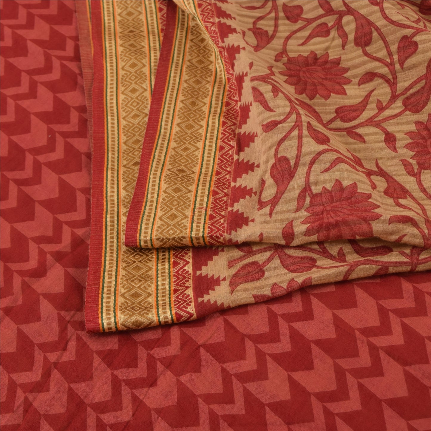 Sanskriti Vintage Sarees Red/Cream Pure Cotton Printed Sari 5yd Craft Fabric