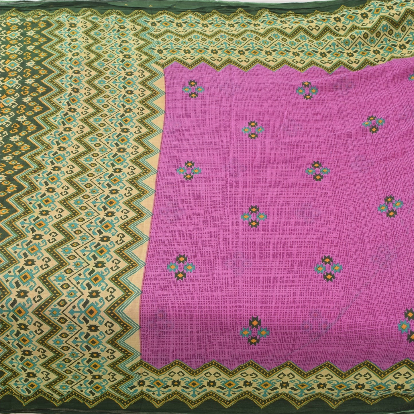 Sanskriti Vintage Sarees Purple/Green Pure Cotton Printed Sari 5yd Craft Fabric