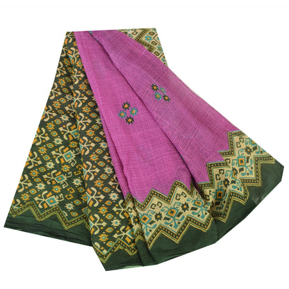 Sanskriti Vintage Sarees Purple/Green Pure Cotton Printed Sari 5yd Craft Fabric