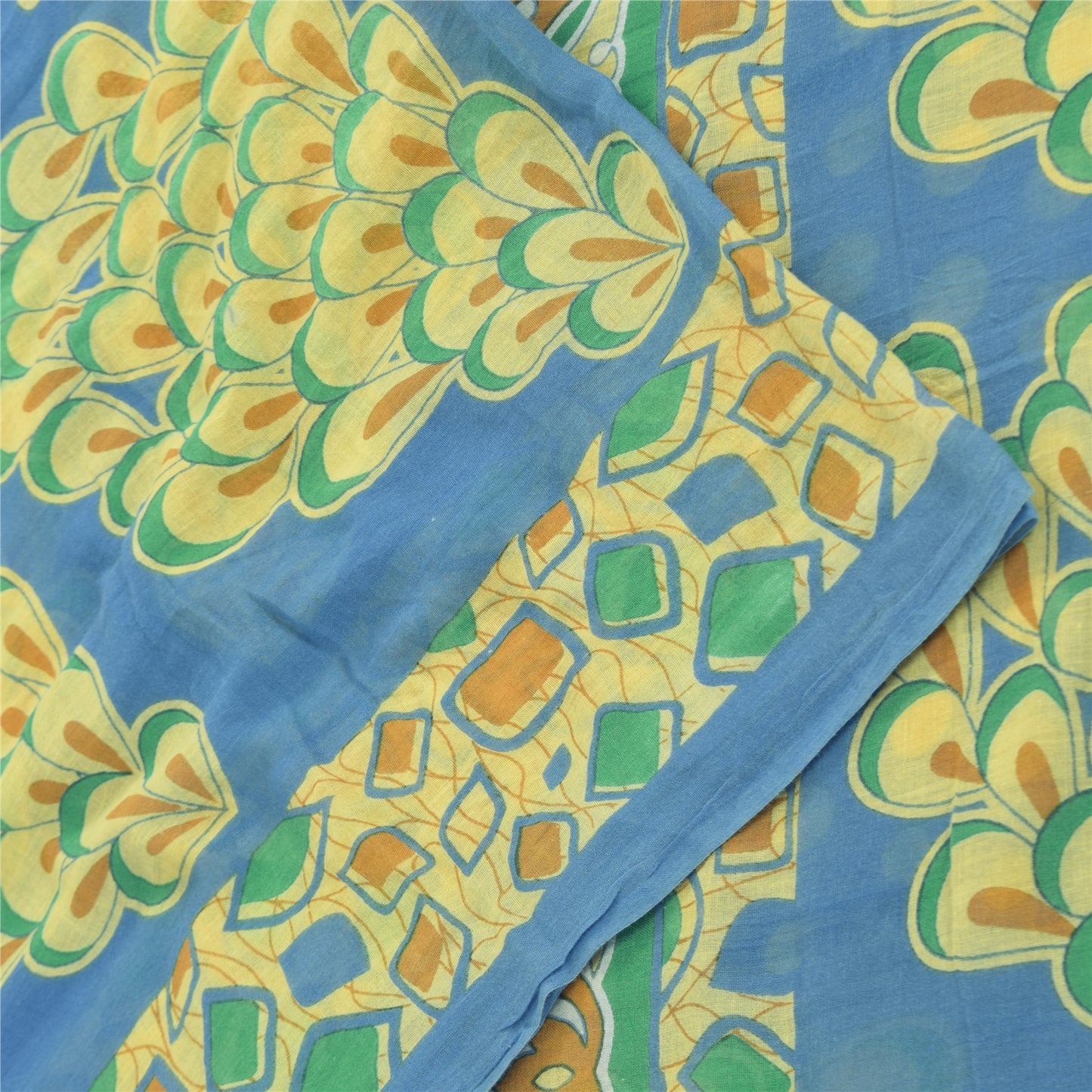 Sanskriti Vintage Sarees Indian Blue Pure Cotton Printed Sari 5yd Craft Fabric