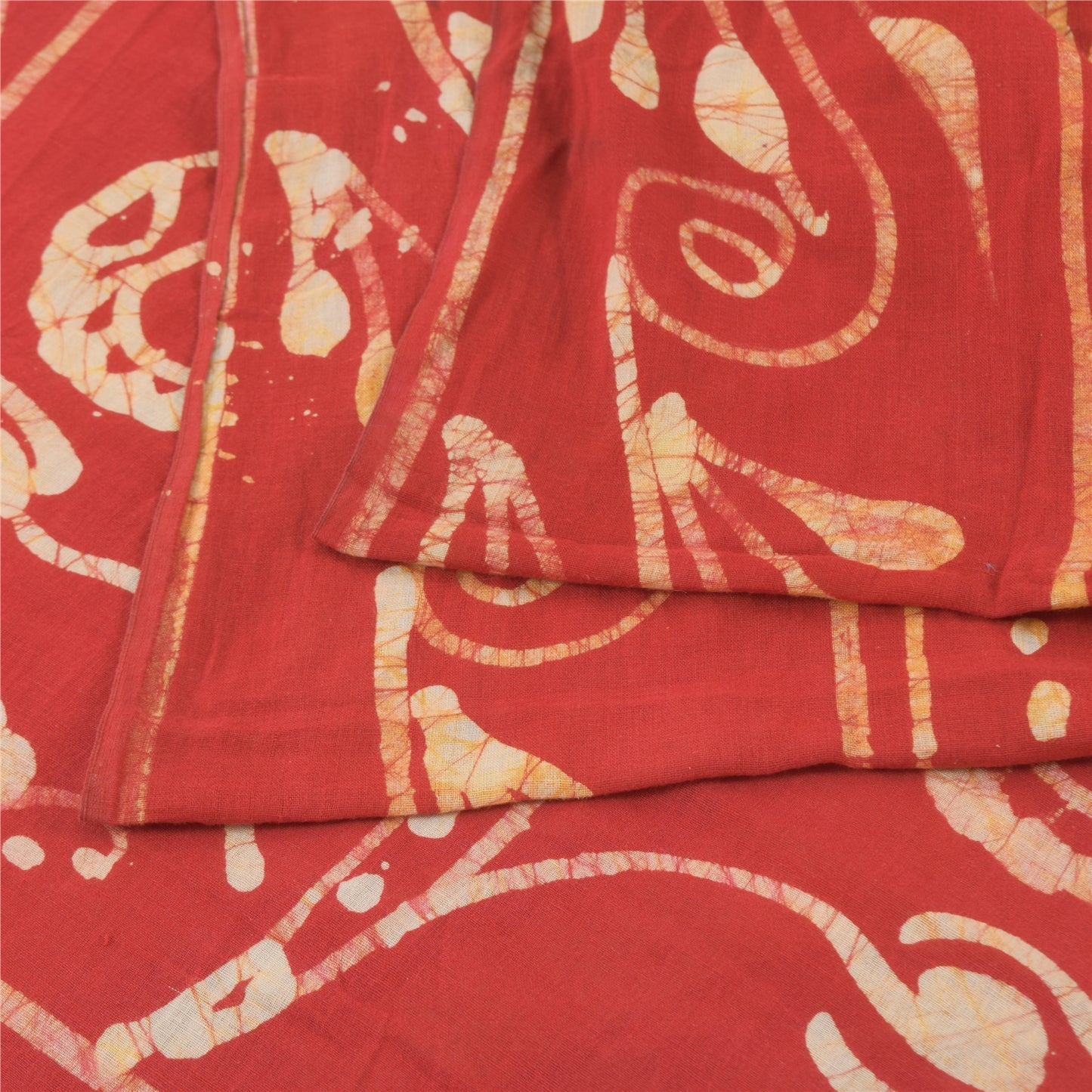 Sanskriti Vintage Sarees Red/Cream Batik Work Pure Cotton Sari 5yd Craft Fabric