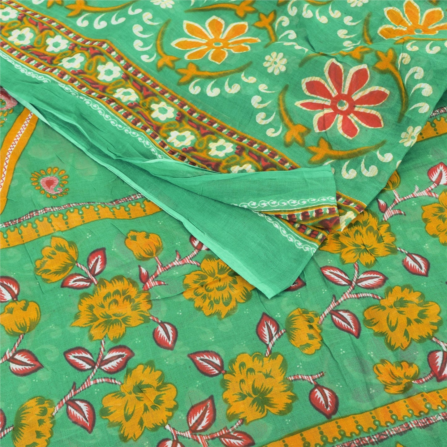 Sanskriti Vintage Sarees Indian Green Pure Cotton Printed Sari 5yd Craft Fabric