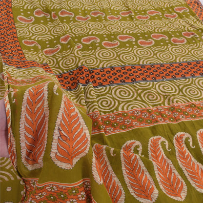 Sanskriti Vintage Sarees Indian Green Pure Cotton Printed Sari 5yd Craft Fabric