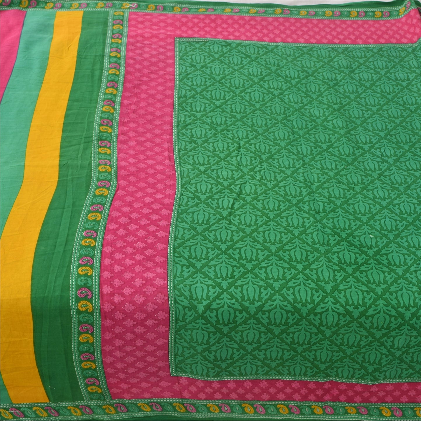 Sanskriti Vintage Sarees Indian Green Pure Cotton Printed Sari 5yd Craft Fabric