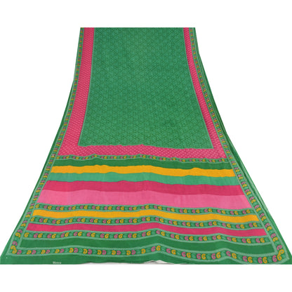 Sanskriti Vintage Sarees Indian Green Pure Cotton Printed Sari 5yd Craft Fabric