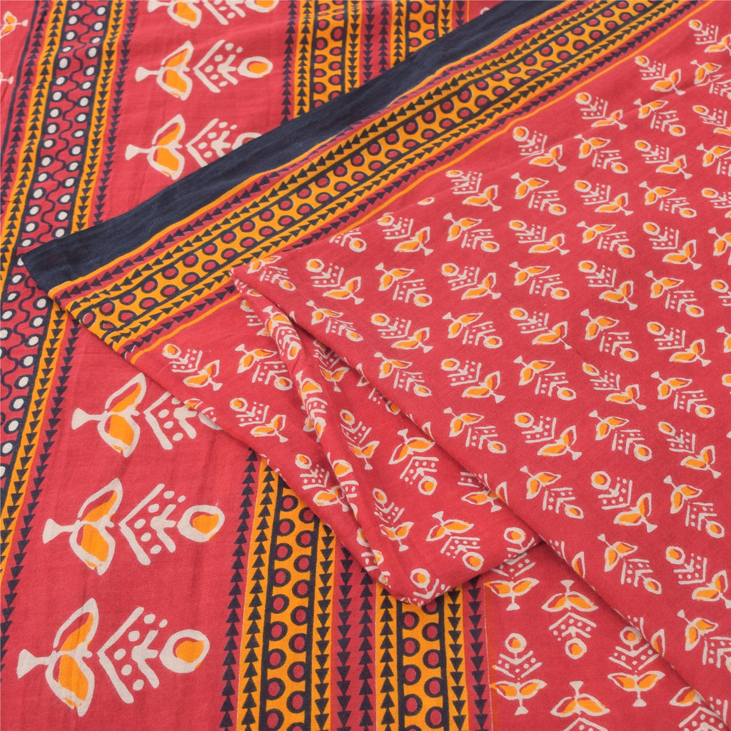 Sanskriti Vintage Sarees From India Red Pure Cotton Print Sari 5yd Craft Fabric