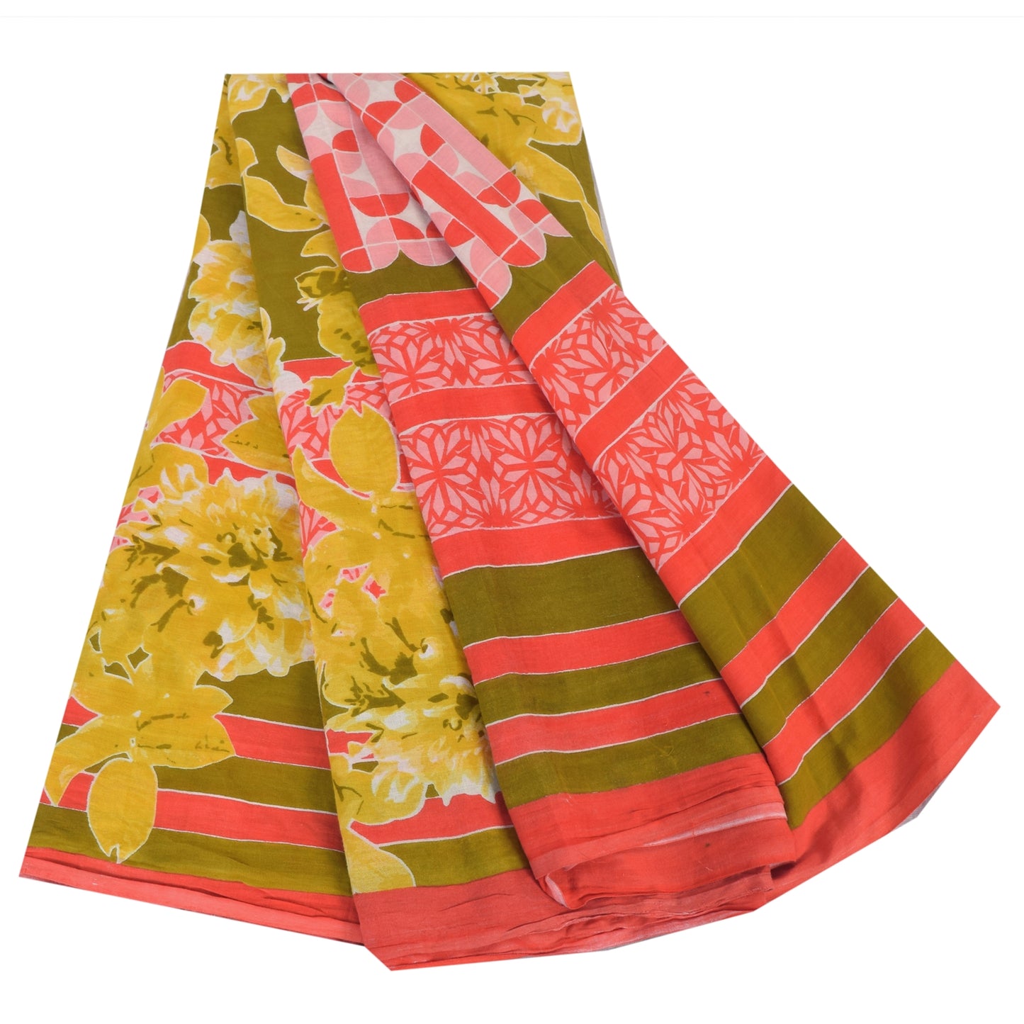 Sanskriti Vintage Sarees Red/Green Pure Cotton Printed Sari 5yd Craft Fabric