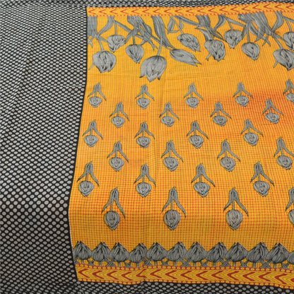 Sanskriti Vintage Sarees Yellow/Black Pure Cotton Printed Sari 5yd Craft Fabric