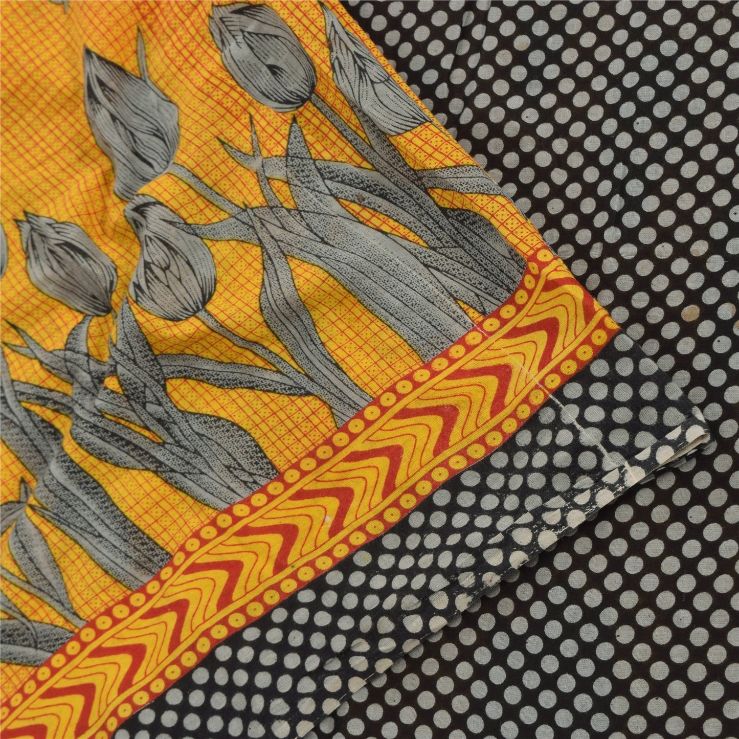 Sanskriti Vintage Sarees Yellow/Black Pure Cotton Printed Sari 5yd Craft Fabric