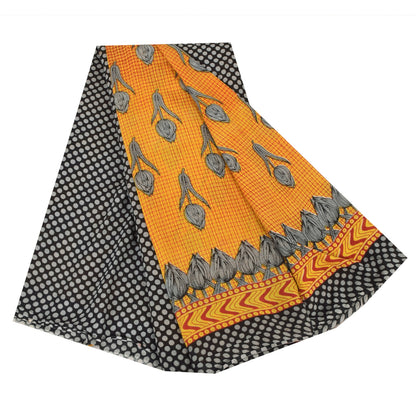 Sanskriti Vintage Sarees Yellow/Black Pure Cotton Printed Sari 5yd Craft Fabric