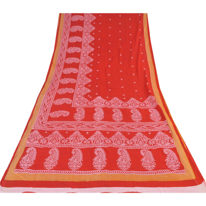 Sanskriti Vintage Sarees From India Red Pure Cotton Print Sari 5yd Craft Fabric