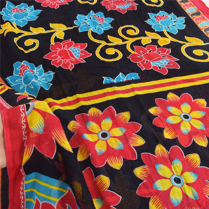 Sanskriti Vintage Sarees Indian Black Pure Cotton Printed Sari 5yd Craft Fabric