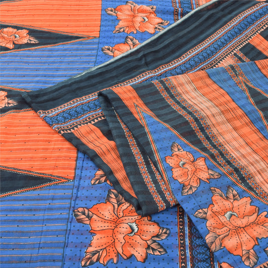 Sanskriti Vintage Sarees Blue/Orange Pure Cotton Printed Sari 5yd Craft Fabric