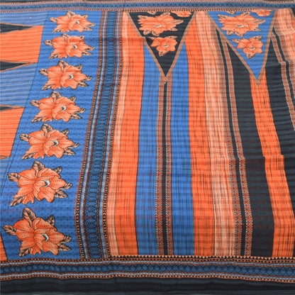 Sanskriti Vintage Sarees Blue/Orange Pure Cotton Printed Sari 5yd Craft Fabric