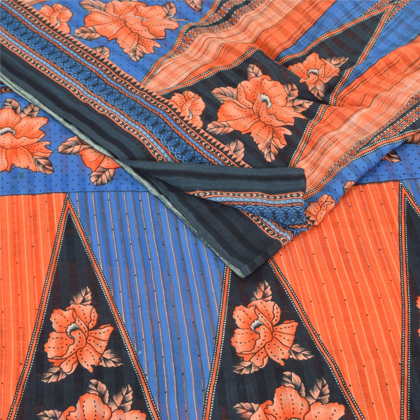 Sanskriti Vintage Sarees Blue/Orange Pure Cotton Printed Sari 5yd Craft Fabric