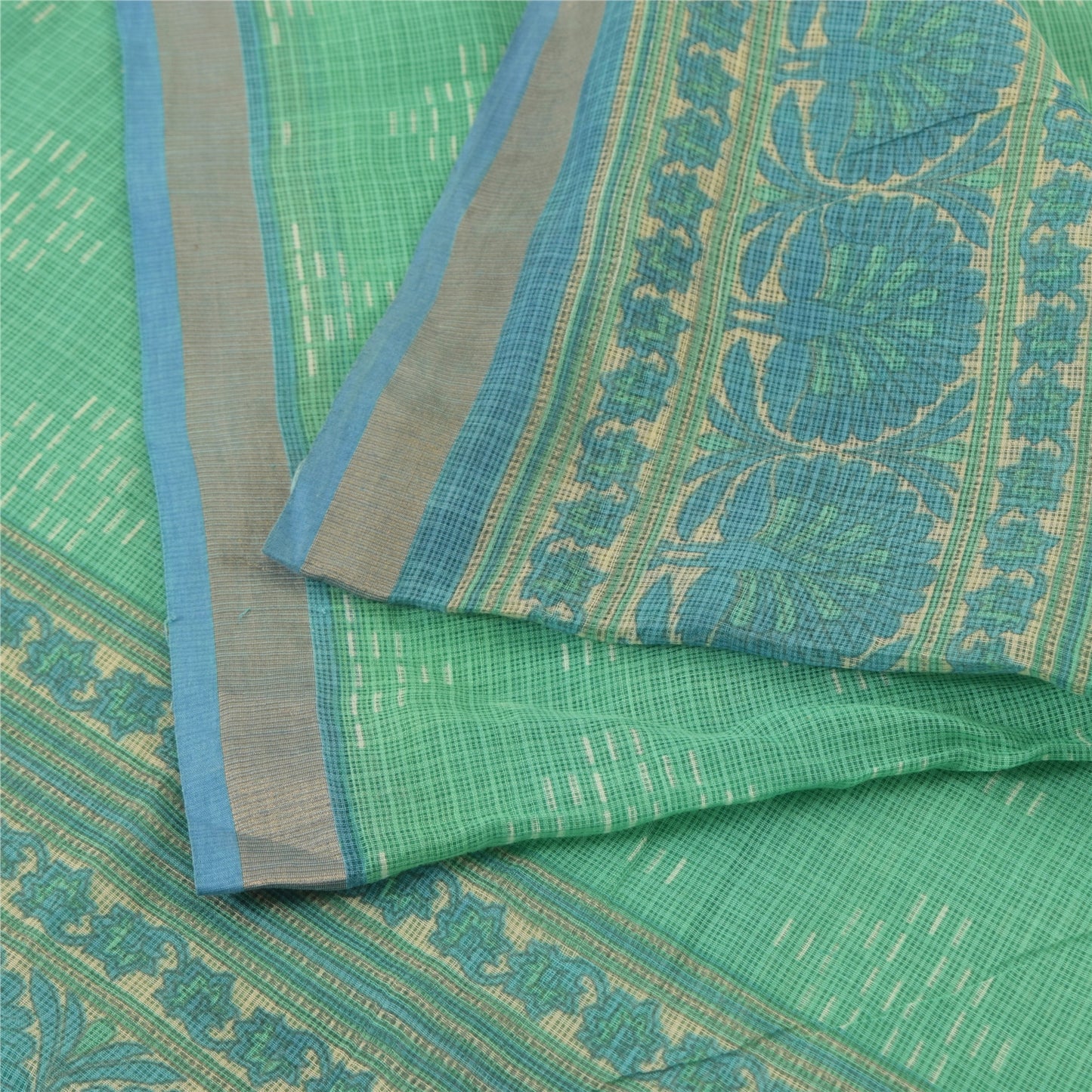 Sanskriti Vintage Sarees Indian Green Pure Cotton Printed Sari 6yd Craft Fabric