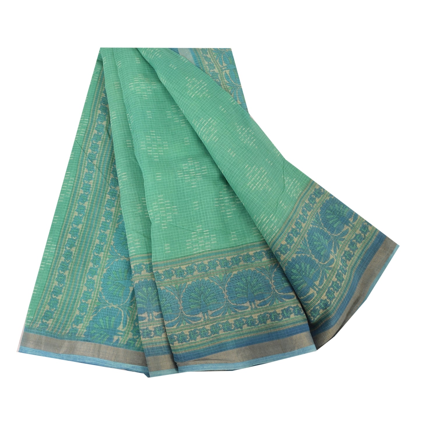 Sanskriti Vintage Sarees Indian Green Pure Cotton Printed Sari 6yd Craft Fabric