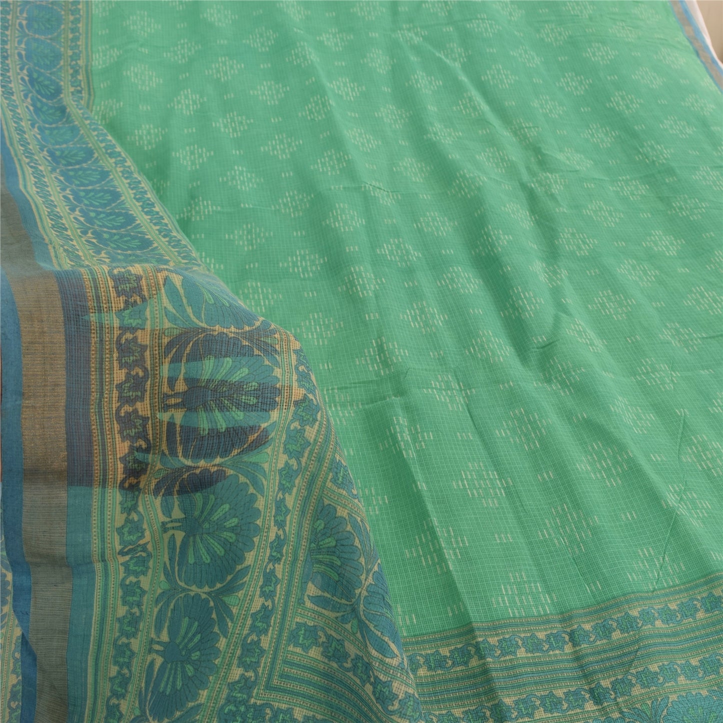 Sanskriti Vintage Sarees Indian Green Pure Cotton Printed Sari 6yd Craft Fabric