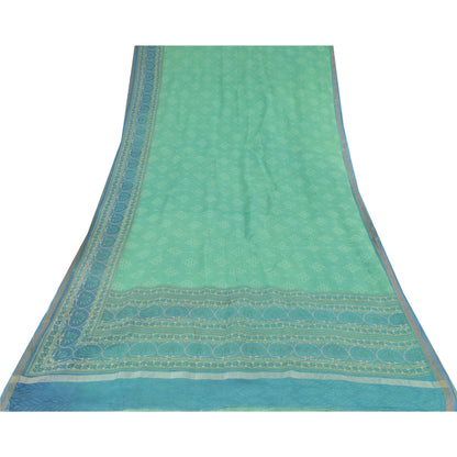 Sanskriti Vintage Sarees Indian Green Pure Cotton Printed Sari 6yd Craft Fabric