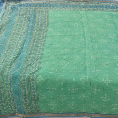 Sanskriti Vintage Sarees Indian Green Pure Cotton Printed Sari 6yd Craft Fabric