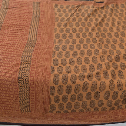 Sanskriti Vintage Sarees Peach/Black Hand Block Printed Pure Cotton Sari Fabric