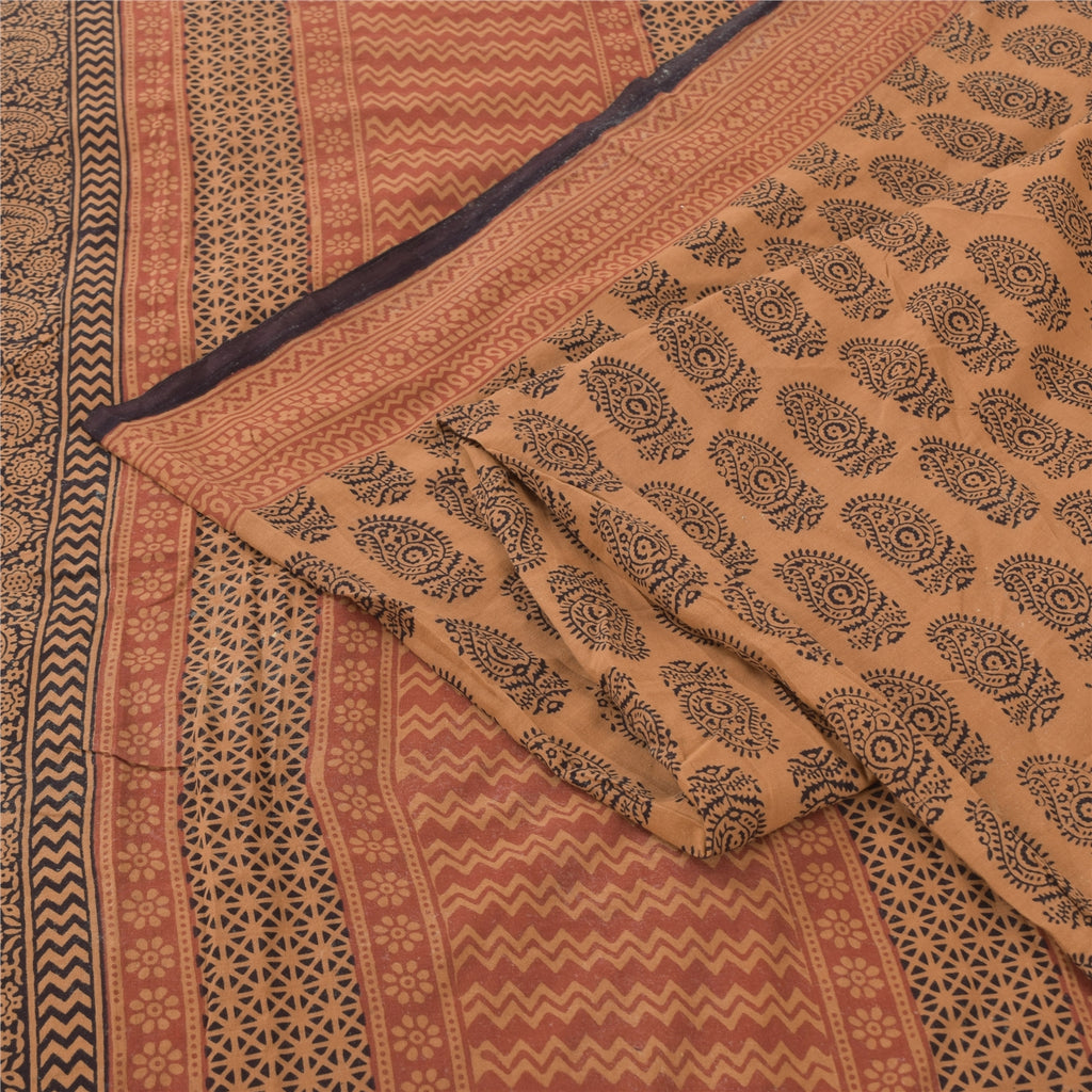 Sanskriti Vintage Sarees Peach/Black Hand Block Printed Pure Cotton Sari Fabric