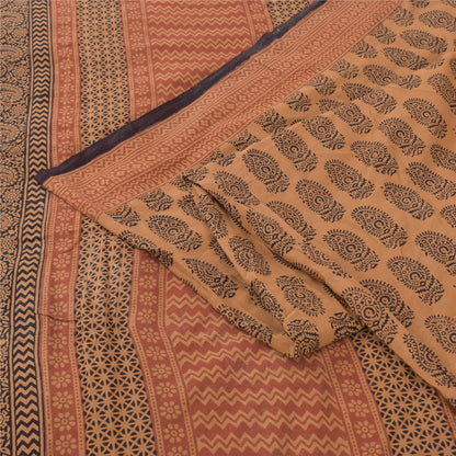 Sanskriti Vintage Sarees Peach/Black Hand Block Printed Pure Cotton Sari Fabric