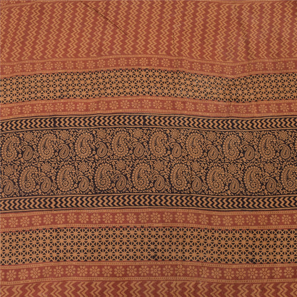 Sanskriti Vintage Sarees Peach/Black Hand Block Printed Pure Cotton Sari Fabric