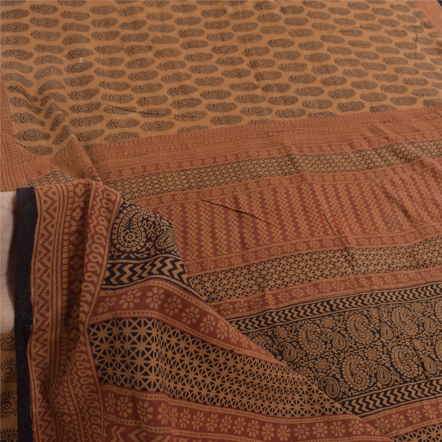 Sanskriti Vintage Sarees Peach/Black Hand Block Printed Pure Cotton Sari Fabric