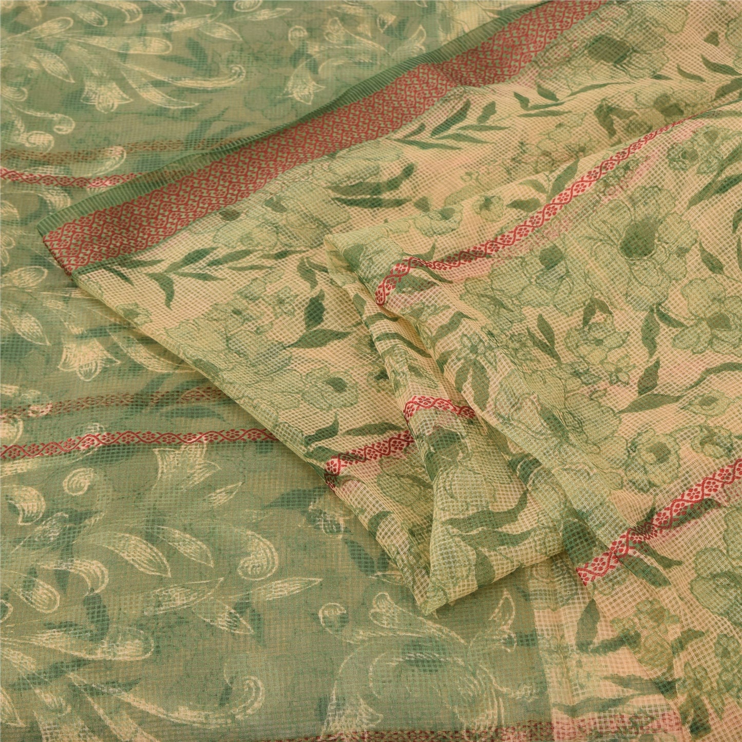 Sanskriti Vintage Sarees Cream/Green Kota Woven Pure Cotton Printed Sari Fabric