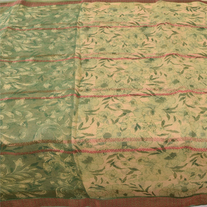 Sanskriti Vintage Sarees Cream/Green Kota Woven Pure Cotton Printed Sari Fabric