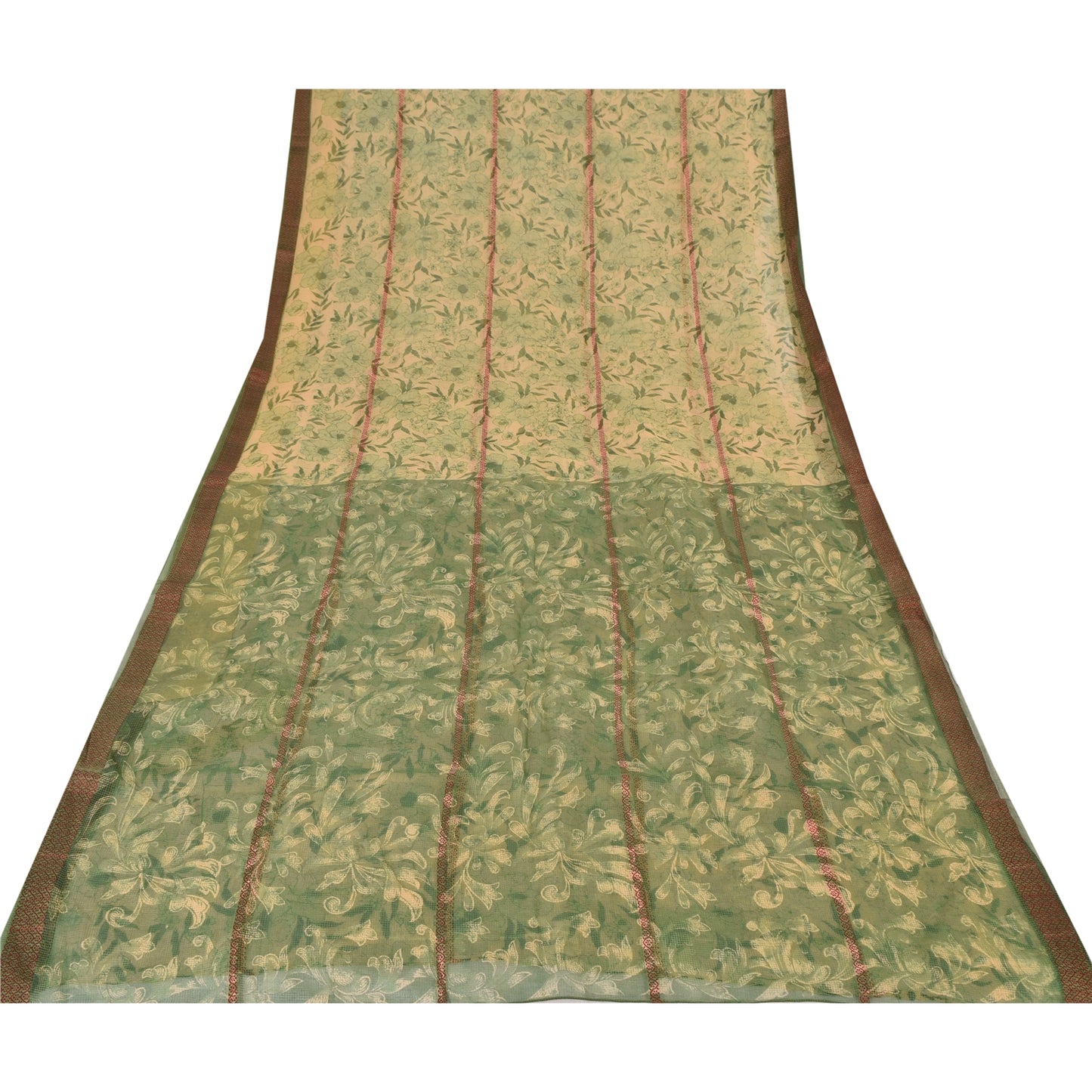 Sanskriti Vintage Sarees Cream/Green Kota Woven Pure Cotton Printed Sari Fabric