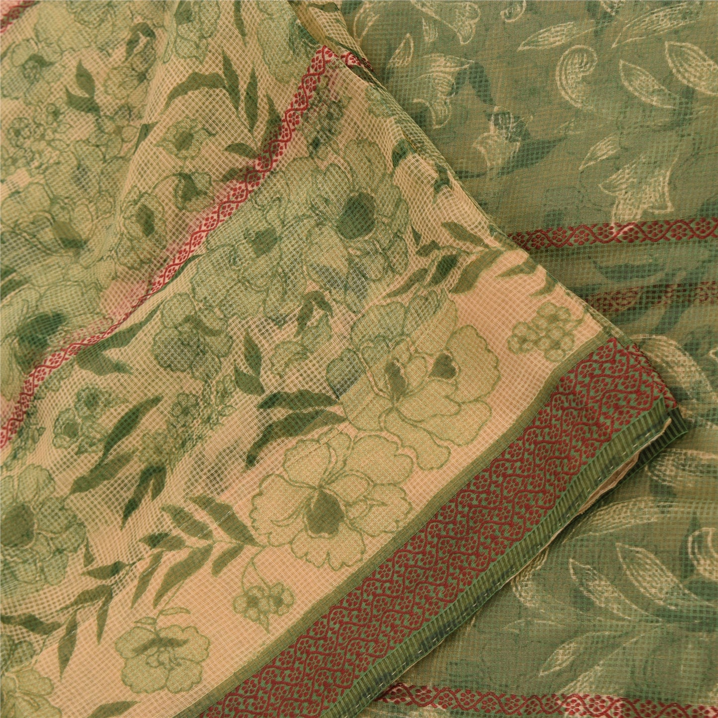 Sanskriti Vintage Sarees Cream/Green Kota Woven Pure Cotton Printed Sari Fabric