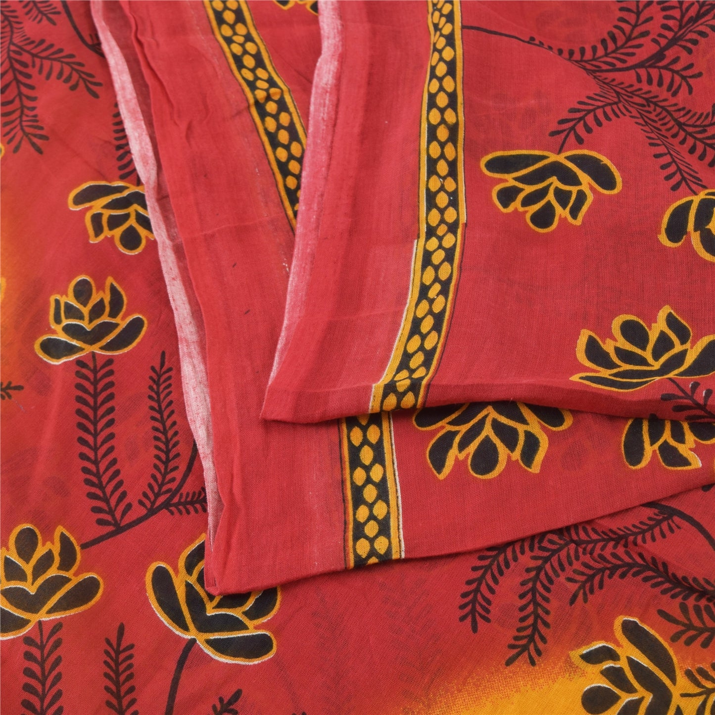 Sanskriti Vintage Sarees Red/Yellow Pure Cotton Printed Sari 5yd Craft Fabric