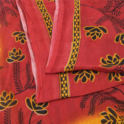 Sanskriti Vintage Sarees Red/Yellow Pure Cotton Printed Sari 5yd Craft Fabric